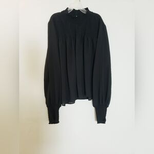 Sheer Flowy Black XL Long Sleeve Blouse Smocked Neckline And Cuffs High Neckline